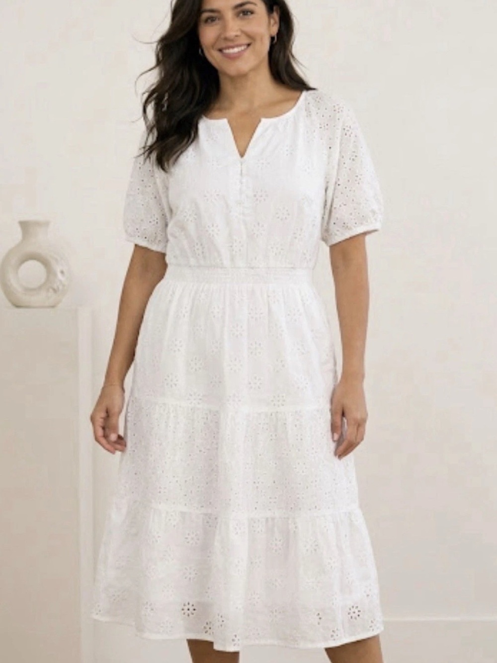 Isaac Mizrahi Live! Regular Cotton Eyelet Tiered Midi Dress, White, Sz L,A645058